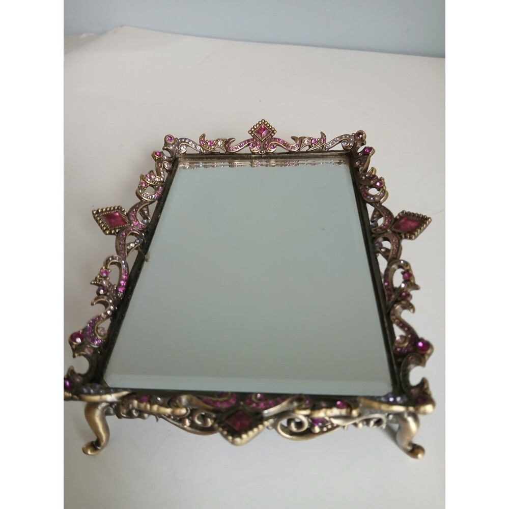Vtg Style Purple  Jeweled Dresser Mirror Perfume Tray Vanity Jewelry